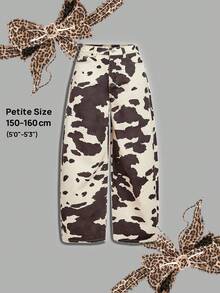 SHEIN PETITE Women's Cow Pattern Jeans Banana Pants Y2K Wide-Leg Pants Comfortable Elastic Waist With Pockets Summer Casual Wear - Multicolor - View 6