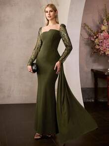 MOTF Soiréza ELEGANT OLIVE GREEN ROUND NECK LONG SLEEVE FLOOR-LENGTH PARTY DRESS FOR WOMEN, SPARKLY BEADED SHEER MESH SLEEVES, ASYMMETRIC DRAPED SIDE DETAIL - Army Green - View 5