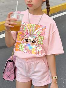 珊瑚粉色可愛卡通兔子印花青少年女孩休閒簡約短袖圓領T恤，適合春夏季日常穿著、街頭風、外出、居家、度假、節日、復活節、返校、春夏季女孩套裝，舒適時尚復活節粉色兔子T恤 - 彩色 - 查看 1