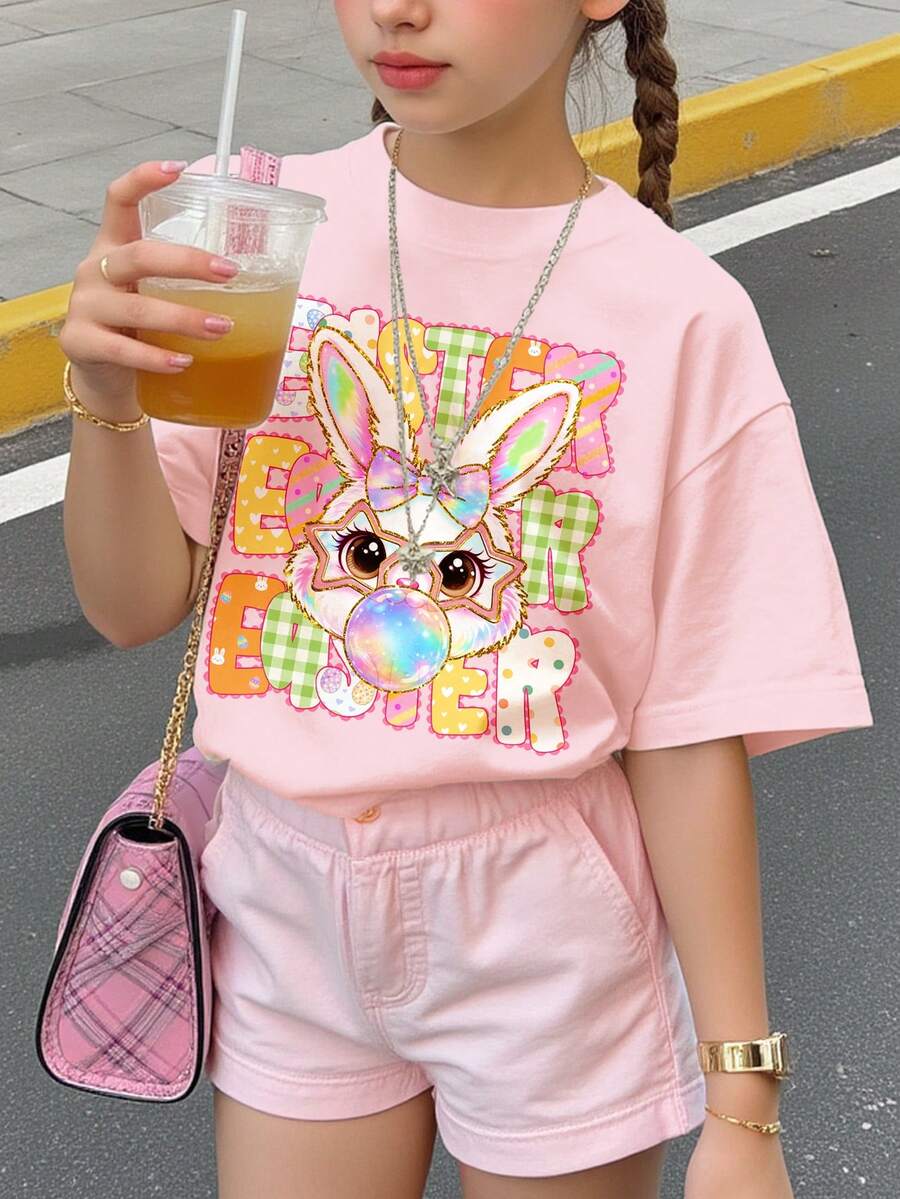 珊瑚粉色可愛卡通兔子印花青少年女孩休閒簡約短袖圓領T恤,適合春夏季日常穿著、街頭風、外出、居家、度假、節日、復活節、返校、春夏季女孩套裝,舒適時尚復活節粉色兔子T恤 - 彩色 - 查看 1