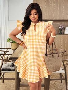 Weeklong 时尚休闲度假法式复古优雅休闲短袖黄色格子连衣裙 - 黃色 - 查看 5
