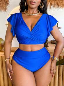 Slaydiva 2026 New Summer Beach Vacation Solid Color Ruched 2 Pieces Bikini Set, Suitable For Vacation, Beach Wear, Plus Size Swimwear - Royal Blue - View 3