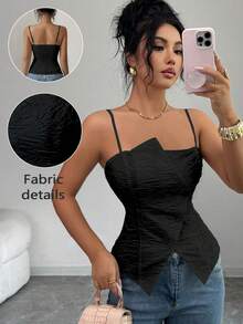Elenzga Women's Spring/Summer New Arrival French Retro Elegant Elegant Casual Commute High-End Textured Fabric Camisole With Waist Cinching And Side Slit - Black - View 6