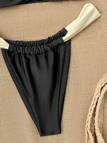 SHEIN Swim 2件套加厚肩带撞色亮面面料褶皱设计优雅度假比基尼泳装套装（女士款） - 黑色 - 查看 6