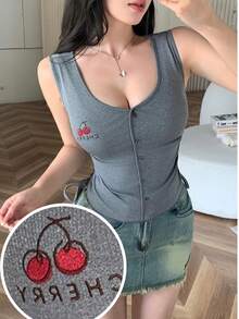 Feyla Áo tank top nữ kiểu dáng thường ngày, thêu họa tiết quả anh đào, cài cúc phía trước, thích hợp cho mùa hè. - Xám - Xem 9