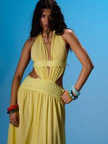 MUSERA 低胸垂褶露背吊带花边镂空露背长裙，夏季性感海滩度假伊比沙岛俱乐部热带风情 - 淡黃色 - 查看 2