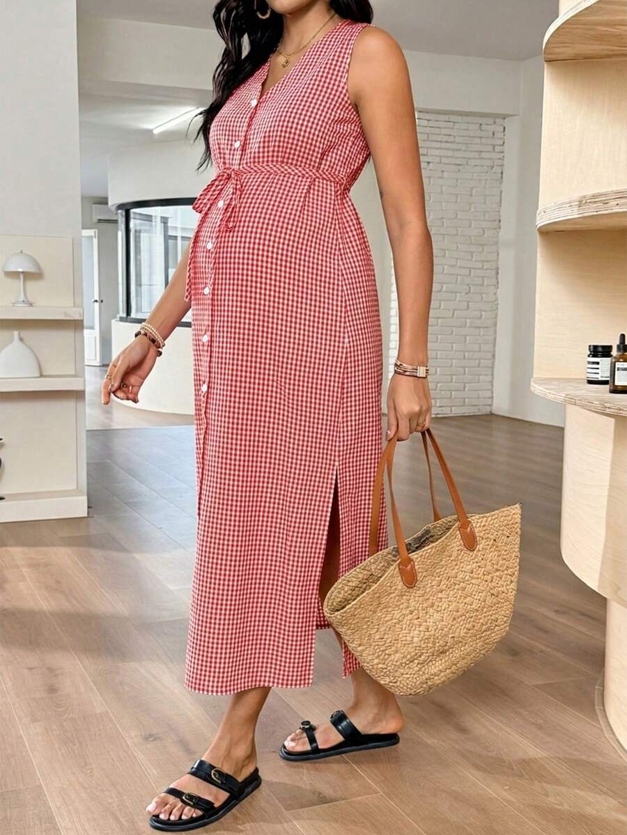 SHEIN 孕妇格子单排扣无袖休闲连衣裙 - 紅色 - 查看 1