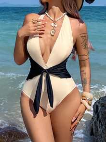 Livesso Women's One-Piece Contrast Color Deep V Bowknot Casual Sexy Swimsuit Beach Golf Outfit Summer White Vacation - Beige - View 6