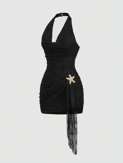 Sweetra Fashionable Bohemian Sexy Lace Draped Neck Ruffle Design Bodycon Dress With Metal Buckle Sash, Slimming Minimalist Sexy Style