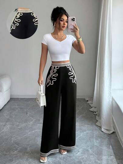 Elenzga Damen Retro Gerade Loose Kontrast Farbe Elegante Vielseitige Hose