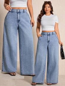 Elaquor 大码女式高腰口袋阔腿宽松休闲牛仔裤 - 藍色 - 查看 3