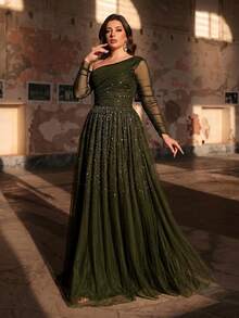 Aureia 大码优雅浪漫绿色露肩薄纱长袖腰部褶裥奢华珍珠水钻装饰网纱拼接A字婚纱，适合婚礼、派对、庆典、正式场合、晚礼服（精致设计） - 綠色 - 查看 7