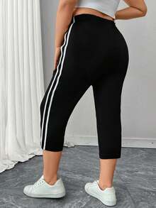 SHEIN CURVE+ 大码女式春夏撞色条纹休闲运动通勤修身弹力七分裤 - 黑色 - 查看 2