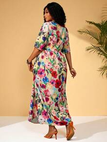 BrightlyHer Plus Size Floral Print Round Neck Short Sleeve Dress, Summer Fashion,Flower/Spring/Vacation - Multicolor - View 3