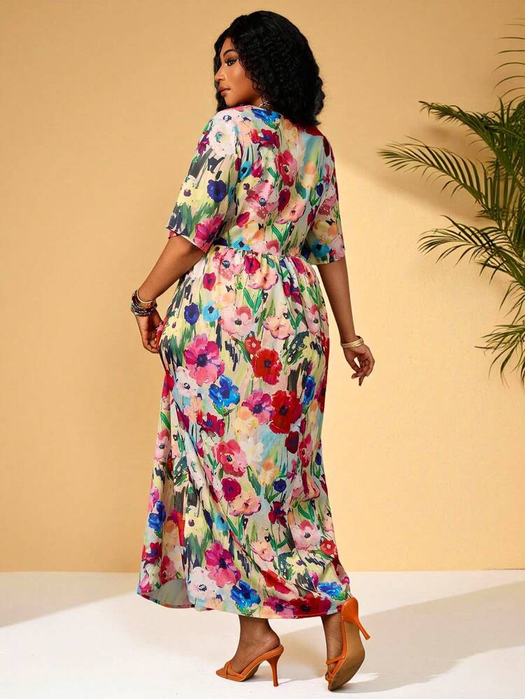 Plus Size Floral Print Round Neck Short Sleeve Dress, Summer Fashion,Flower/Spring/Vacation