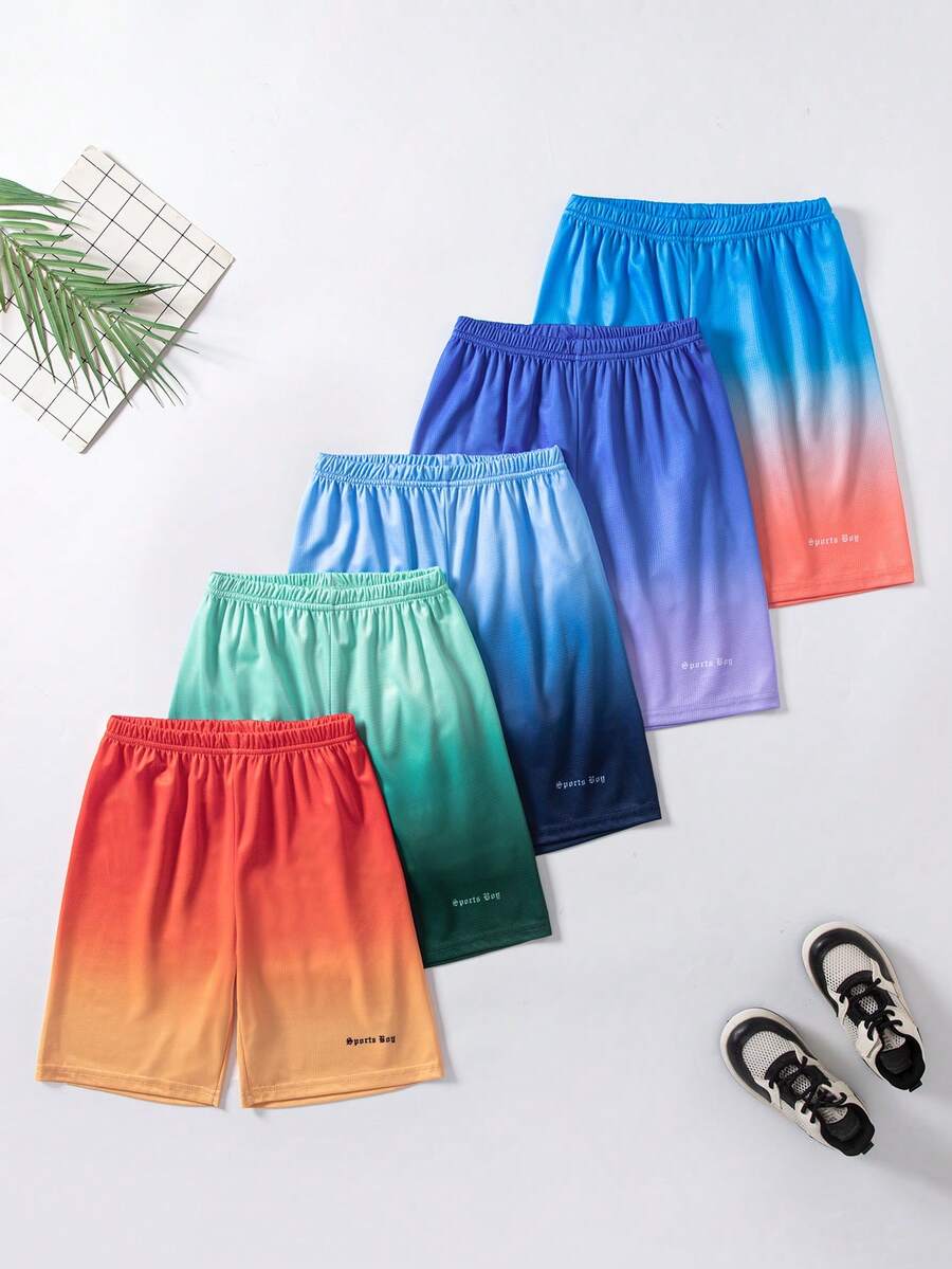 SHEIN Fantacosmos 男童五件套休闲运动网眼渐变短裤套装，适合日常穿着和户外活动，夏季