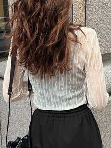 FRIFUL Blusa ajustada de manga larga y cuello redondo transparente de unicolor para mujer - Albaricoque - Ver 2