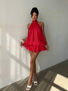 Aloruh 女士优雅浅黄色露背系带迷你连衣裙 - 酒紅色 - 查看 6