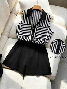 GlowEve CURVE Ensemble 2 pièces élégant et pour femmes grandes tailles, chemisier sans manches à rayures contrastées + shorts minimalistes unicolore - Noir et Blanc - Voir 1
