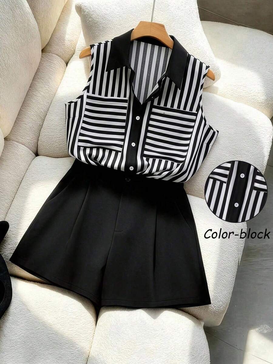 GlowEve CURVE Ensemble 2 pièces élégant et pour femmes grandes tailles, chemisier sans manches à rayures contrastées + shorts minimalistes unicolore - Noir et Blanc - Voir 1