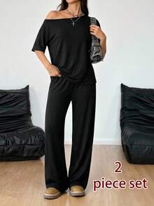 SHEIN Tall 女士夏季极简街头风基础日常穿搭外出运动舒适露肩T恤和阔腿运动裤两件套，秋季 - 黑色 - 查看 8