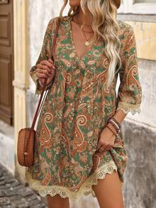 Brillora 女士V领印花休闲派对日常短裙，适合度假、波西米亚风、夏季海滩度假、音乐节等场合，佩斯利印花，春夏波西米亚风连衣裙，女士裹身连衣裙，佩斯利印花连衣裙，休闲波西米亚风连衣裙，蕾丝边连衣裙 - 綠色 - 查看 9