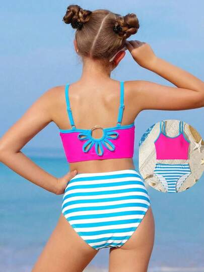 SHEIN Tween Girl Casual Backless Floral Cutout Design Camisole Tankini Set