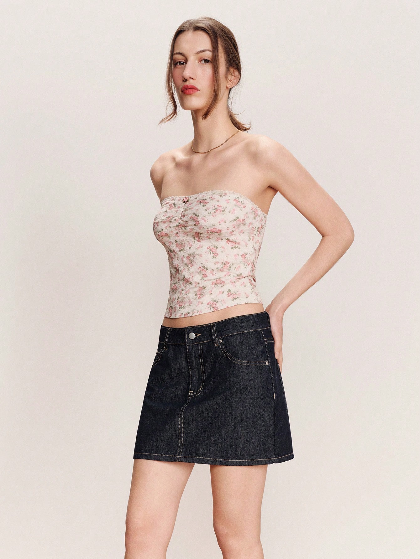 Cream Floral Lace Strapless Thank Top With Flower Trim Pink Floral Lace Top Spring Summer Going Out Vacation Top French Style Parisian Style Ladies Clothes