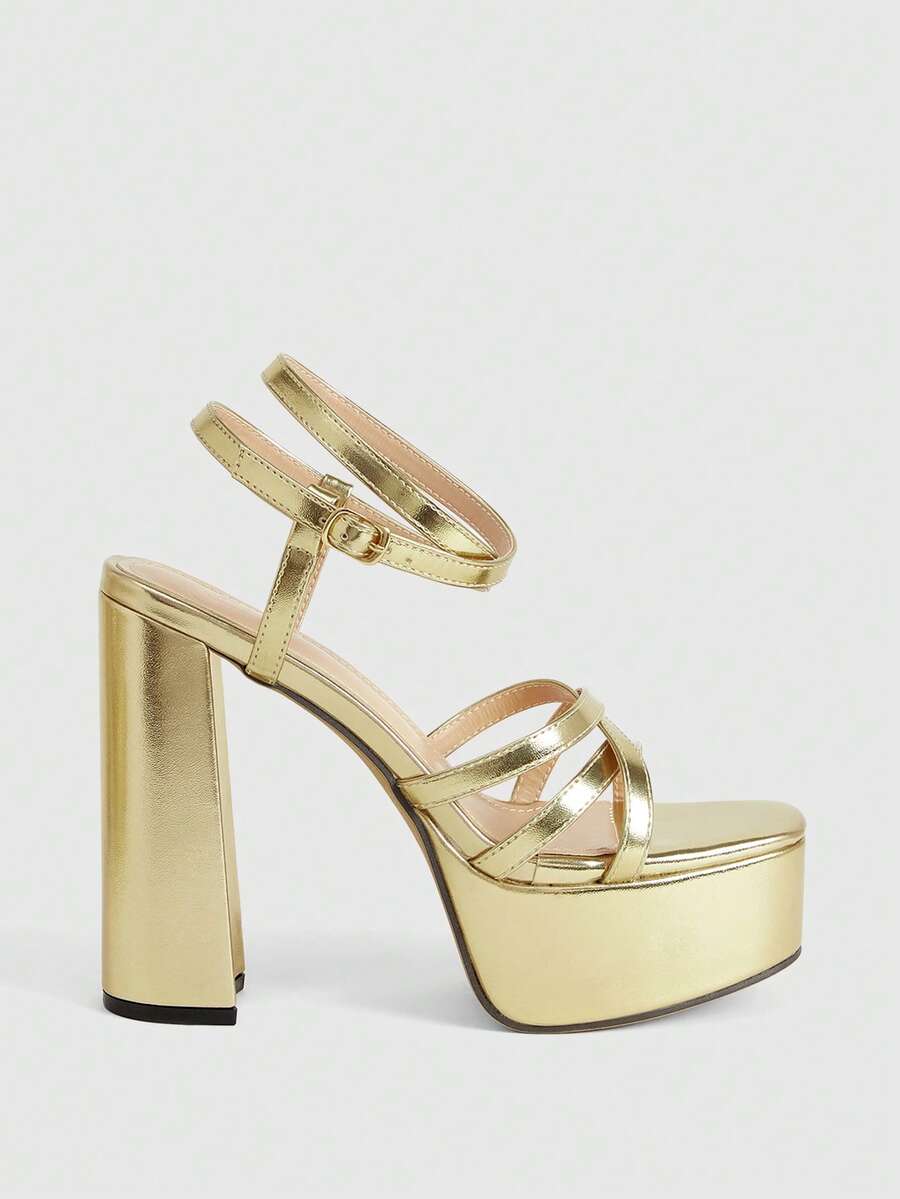 CUCCOO LuxiPop Women Shoes Classic Simple Thick Heel Platform High Heel Sandals Metal Material Thin Strap Combination Sexy Nightclub Banquet Ball Women's Shoes Dating Elegant Holiday Sexy Wear Women's Shoes, Holiday Wear, Travel Must-Have, 2000's Style - Gold - View 1