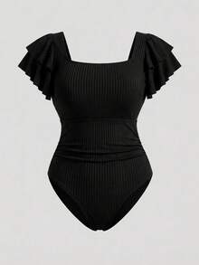 Sweetra CURVE Plus Size Exaggerated Ruffle Puff Sleeve One-Piece Swimsuit For Vacation For Summer - Black - View 1