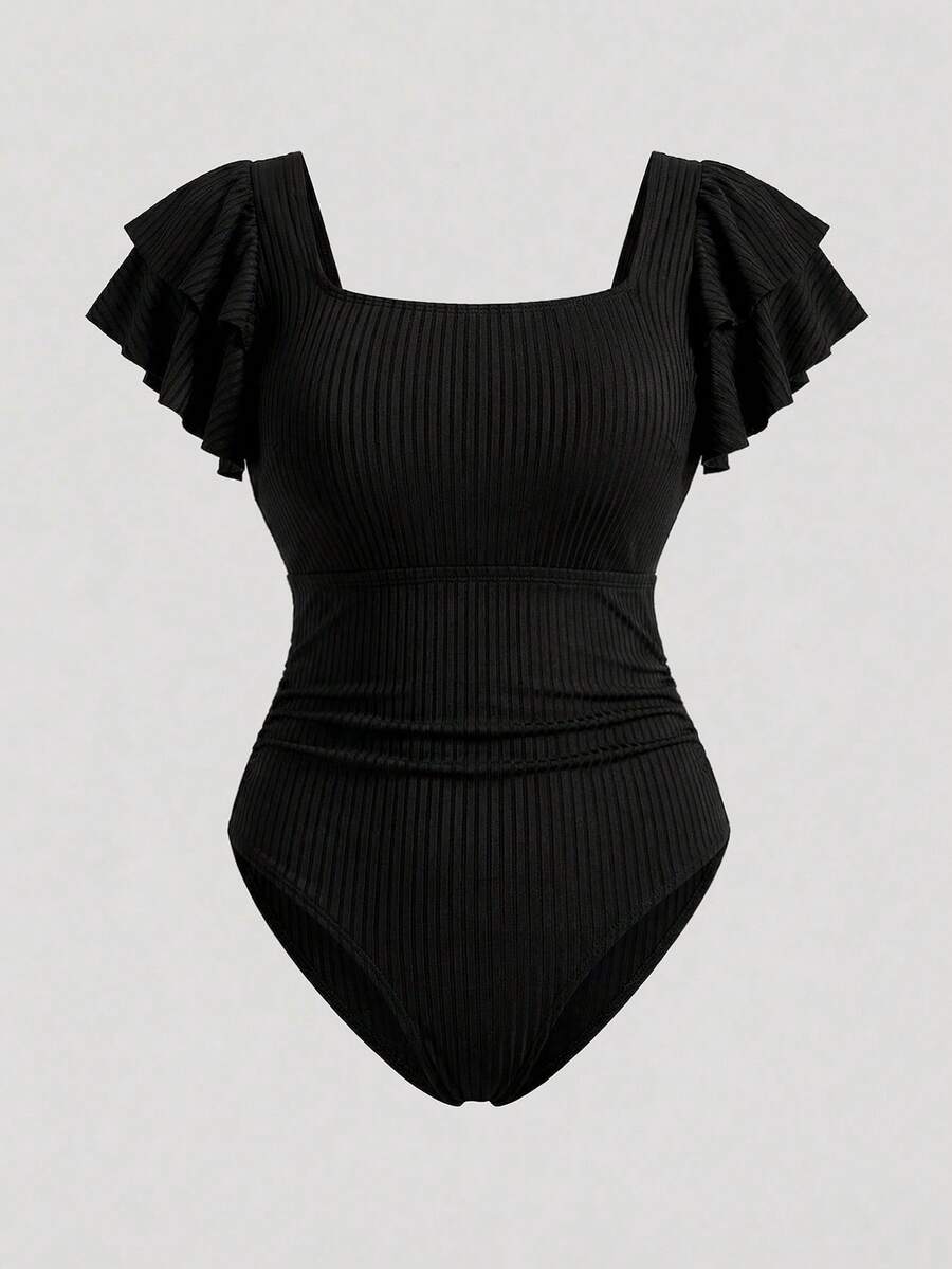 Sweetra CURVE Plus Size Exaggerated Ruffle Puff Sleeve One-Piece Swimsuit For Vacation For Summer - Black - View 1