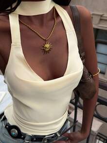 Livesso Yellow V-Neck Sleeveless Fitted Solid Color Tank Top For Women, Suitable For Beach Party And Holiday Wear Summer - Yellow - View 1