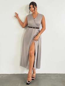 Firerie Plus Size Women's Solid Color V-Neck Sleeveless Casual Dress, Elegant Summer Green Outfits, Classic Formal Wear High Quality Tea Party Brunch Dresses - Khaki - View 4