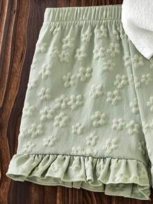 2pcs/Set Sweet & Cute Girls' Outfit, White Sleeveless Top + Light Green Shorts, Top With Ruffle Trim And 3D Floral Decor, High Waist Shorts With Floral Pattern And Ruffle Hem, Suitable For Summer, Casual Wear, Home - White - View 4