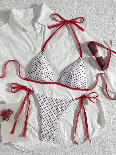 Swim Mod Women's 2pcs Polka Dot Print Halter Top And Tie Side Bikini Swimsuit Set, Summer Beach Bikini Pack Womans Bikini Sets Polka Dot Bikini