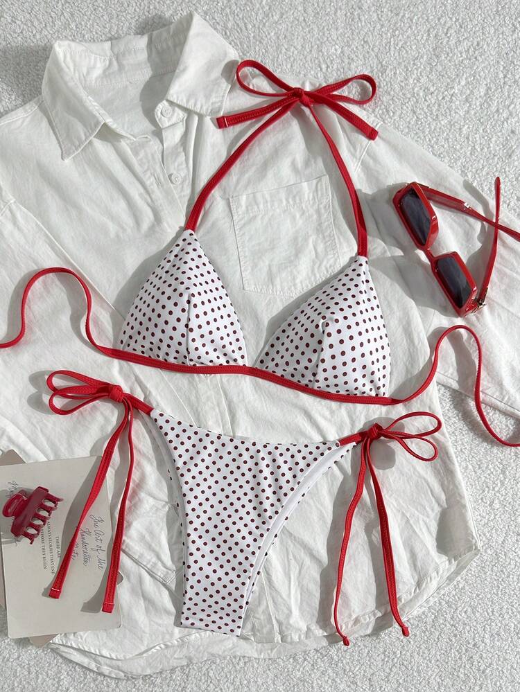Swim Mod Bộ bikini 2 mảnh in họa tiết chấm bi dành cho nữ, áo yếm và dây buộc bên hông, bộ bikini mùa hè đi biển, bộ bikini chấm bi trắng cho nữ. - Nhiều màu - Xem 2