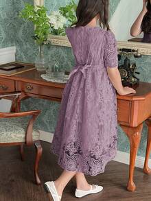 Hapijoa Vestido casual de verano para niña preadolescente con bordado floral, cuello redondo, para vacaciones y uso diario - Morado - Ver 5