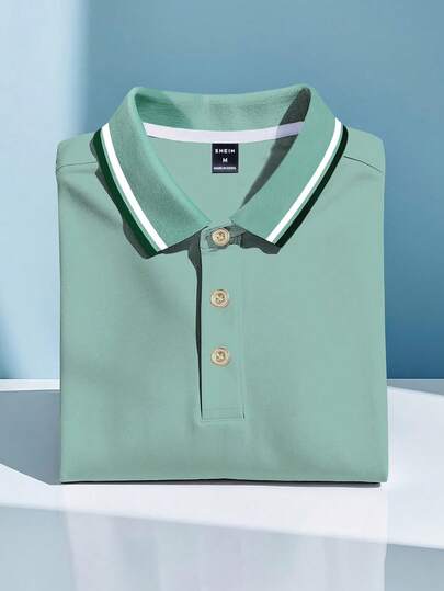 Calvornis Men's Casual Everyday & Office Commute Contrast Binding Short Sleeve Polo Shirt, Summer Green Polo Men Mint Green Outfit Men