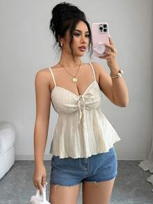 Elenzga petite Áo hai dây màu trơn, đa năng, thoải mái cho mùa hè. - Màu be - Xem 3