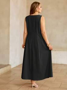 Roveilla Plus Size Women's Solid Color Boat Neck Sleeveless Maxi Dress With Waist Belt, Elegant French Retro Style For Office Evening Formal, Business, Casual, Beach, Party, , Spring/Summer Sleeveless Dress Elegant Plus Size Dress Black Curve Dresses Plain Plus Size Dresses Zanea Dress For Woman Ladies Dresses Zanzea Dress For Women Plus Size - Black - View 2