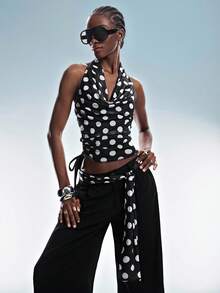 Aveloria GENKIRA European And American Style Spring/Summer New Fashion Versatile Black & White Contrast Polka Dot Print Mesh Draped Neck Top Paired With Polka Dot Wrap Tie Waist Loose Long Pants Casual Street Style Women 2-Piece Set - Multicolor - View 5