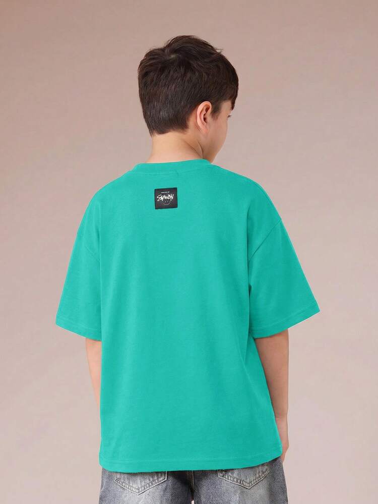 T-shirt col rond à manches courtes pour garçons avec design d'impression graffiti blanc, Top d'été décontracté
