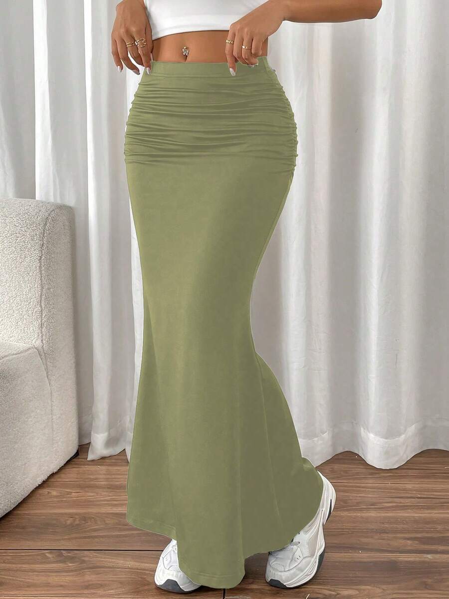 Almamuse Petite 性感百搭修身褶裥侧鱼尾下摆弹力针织黑色半身裙，适合秋冬季女士长裙穿着 - 綠色 - 查看 1