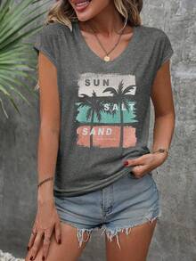 Summer New Arrival Outdoor Top, Vacation Style Coconut Tree & Beach Print Pattern Design, High-End Feel, Cotton Comfortable V-Neck Sleeveless T-Shirt For Women, Casual Versatile, V-Neck Style, Daily Wear - Dark Grey - View 3