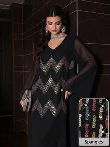 Al Najma Vestido largo de corte holgado con estilo árabe de Oriente Medio, panel delantero en escote en V con bordado de cuentas de colores, túnica tradicional - Negro - Ver 3