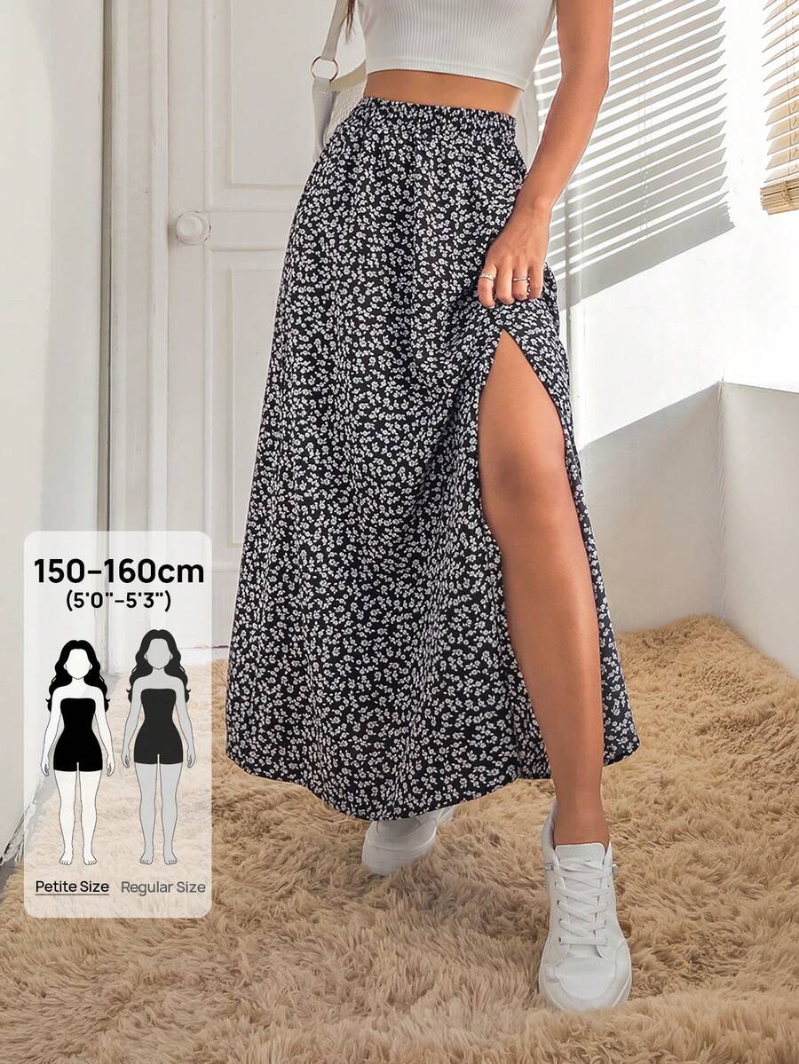 SHEIN PETITE 小花印花裂口夏季女裙子 - 黑與白 - 查看 1