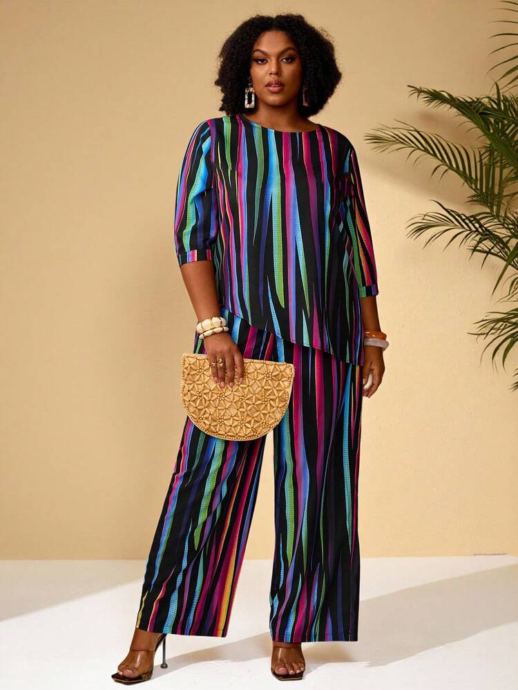 Plus Size Women's Summer  Casual Vacation Colorful Striped Print Shirt And Pants 2 Pieces Set, Summer Casual,Early Spring,Spring Break Outfits ,Vacation Outfits Women ,Holiday Outfits For Women,Spring Clothes Women,Going Out Outfits,2026 New Clothes,Simple And Fashionable For Everyday Wear, Plus Size 2 Piece Sets, Two Piece Pant Set, Multicolor Two Piece Set Women, Striped Two Piece Set, Curve Pants Set, Plus Size Two Piece Pant Set