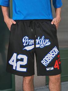 Open Phase 男士宽松篮球字母印花休闲运动短裤，夏季 - 黑色 - 查看 4