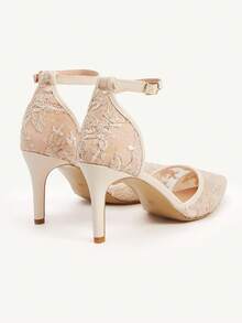 CUCCOO CHICEST Giày cao gót hở mũi phối ren lưới hở gót cho nữ, màu mơ, đa năng cho tiệc tùng, đám cưới - Màu be - Xem 10