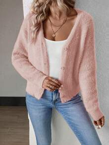 EMERY ROSE 女士纯色长袖单排扣貂皮短款开衫 - 粉色 - 查看 7